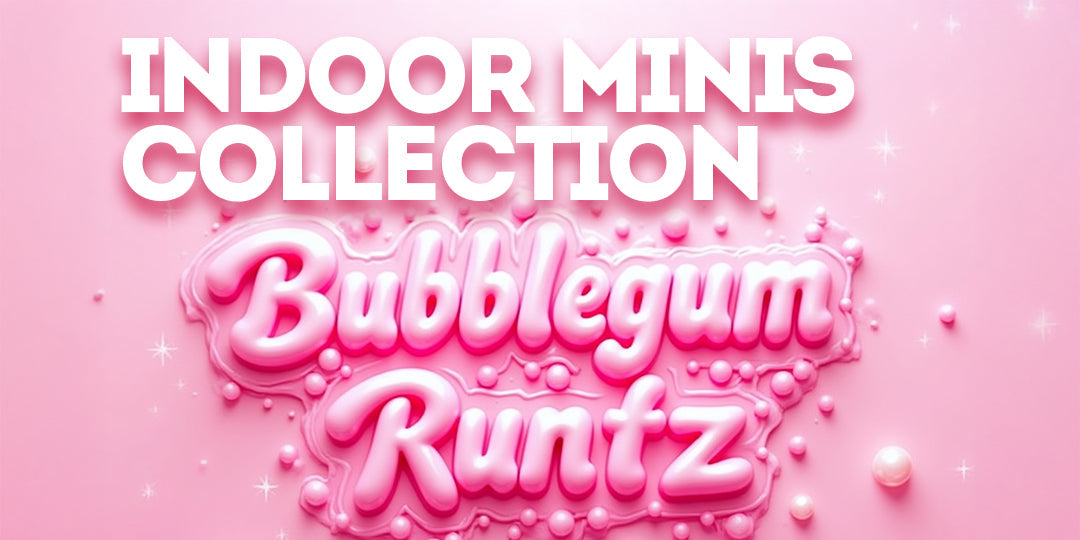 Bubblegum Runtz strain design with glossy pink bubblegum-style lettering, candy-like textures, and playful pastel visuals representing a sweet hybrid.
