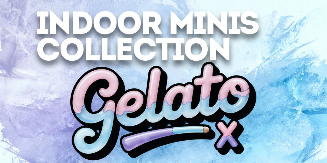 Gelato X strain illustration with icy blue textures, pastel gelato-themed lettering, and mint-and-citrus inspired color tones creating a cool hybrid aesthetic.