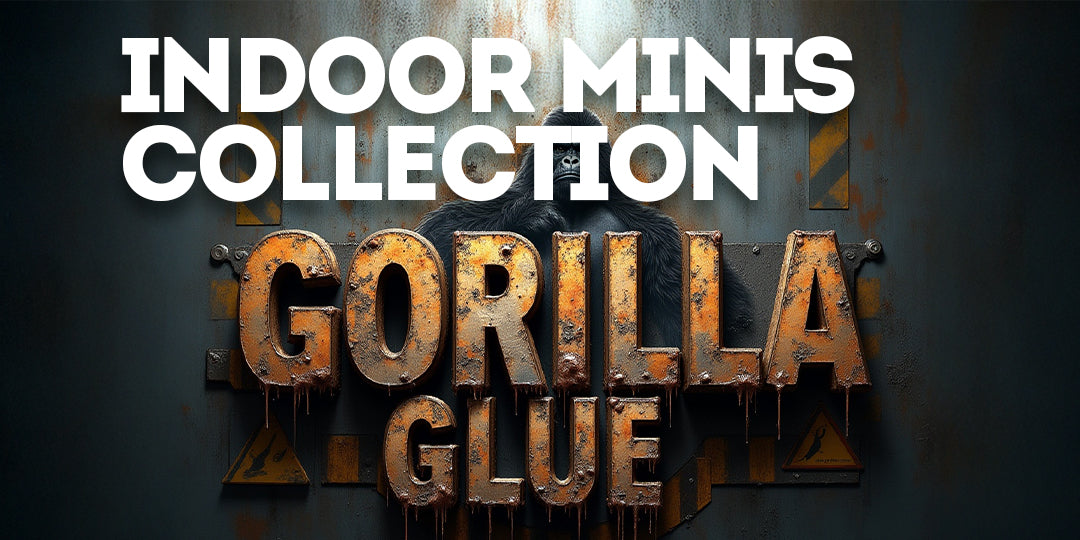 Gorilla Glue strain artwork featuring a metallic industrial background, bold rugged text, and a gorilla silhouette highlighting the strain’s strong indica-leaning character.