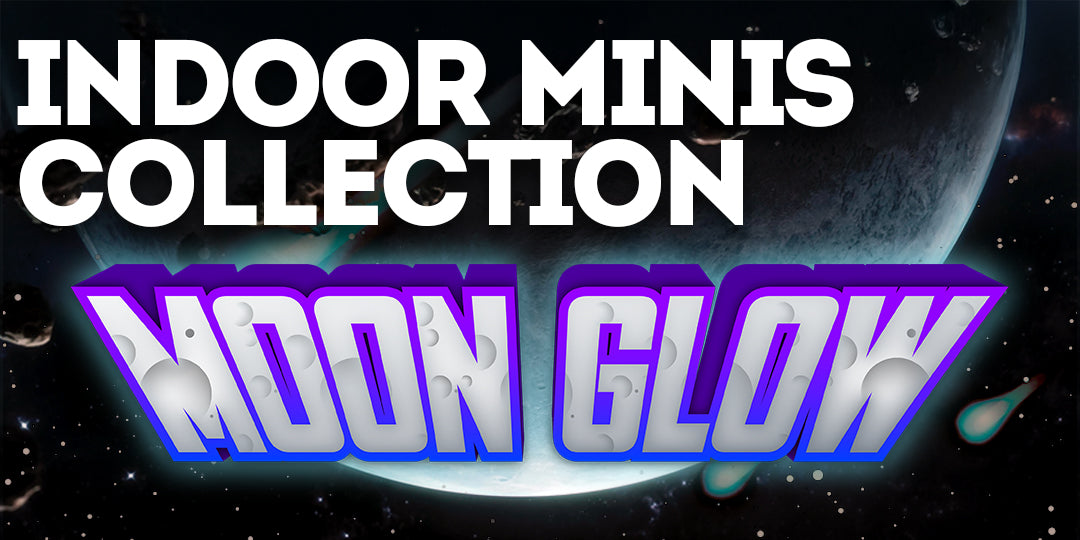 ndoor Minis Collection – Moon Glow strain by Buddaflies. Cosmic moon-themed design with glowing planet background. Indica-leaning hybrid known for candy, sour, kush flavor and calming effects.