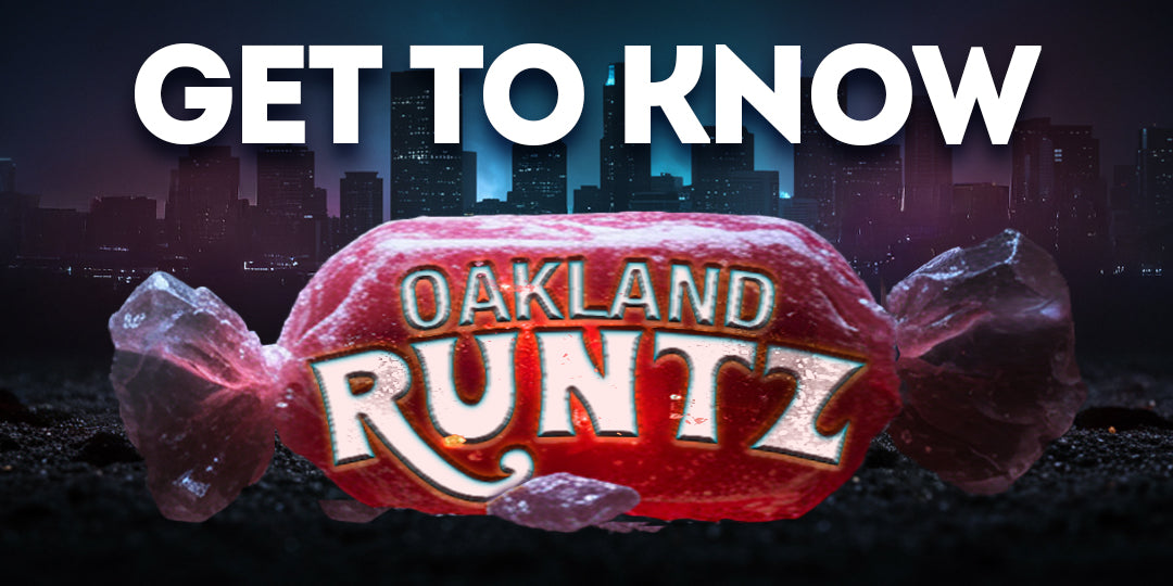 Get to Know Your Budd Oakland Runtz blog graphic featuring a candy-style Oakland Runtz logo wrapped in glossy red with purple crystal accents, set against a dark city skyline at night.