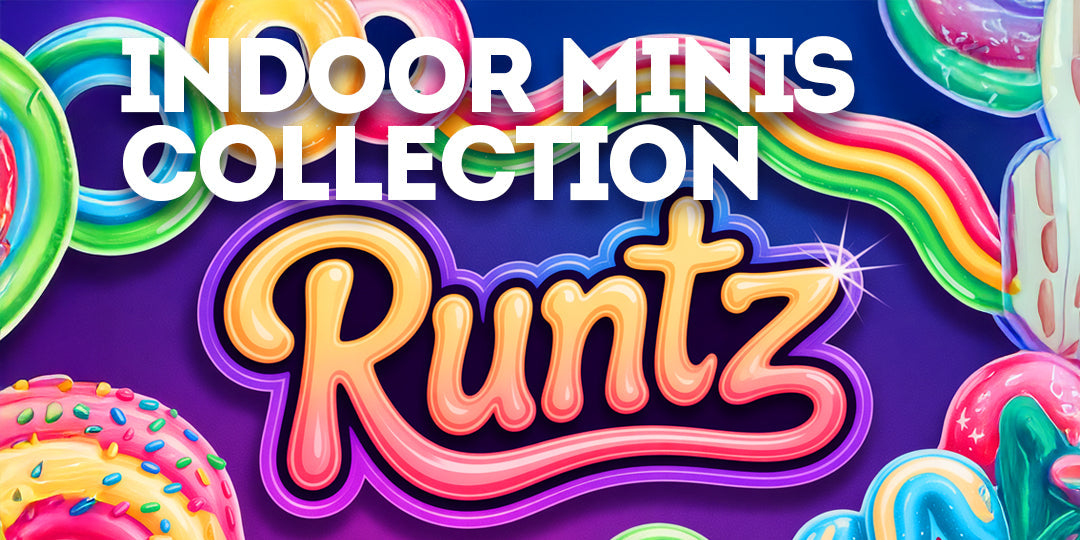 Runtz strain artwork with colorful candy-like swirls, vibrant neon lettering, tropical accents, and playful rainbow-inspired visuals.
